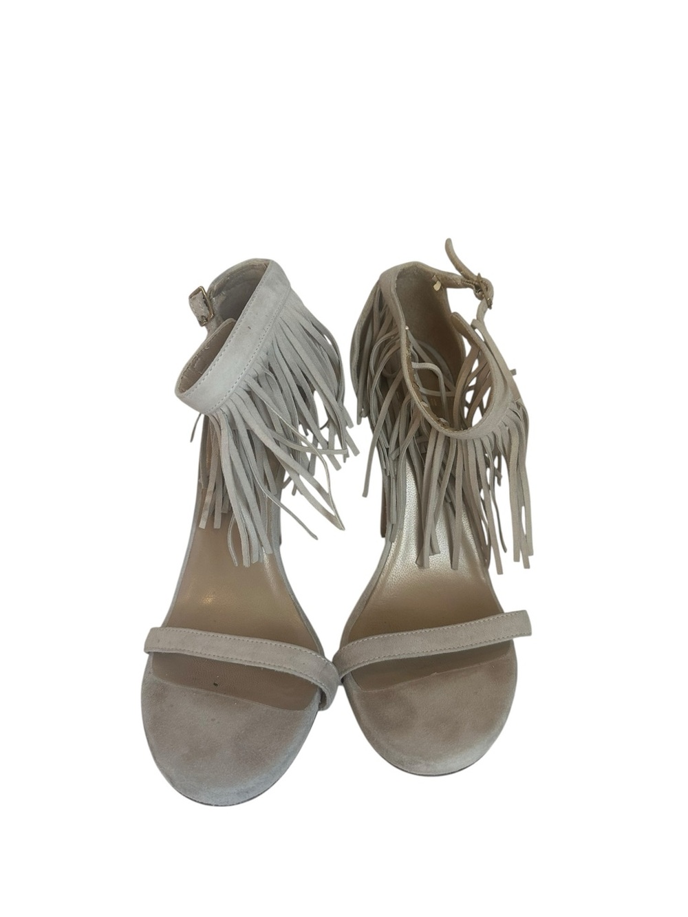 Stuart Weitzman Fringe Ankle-Strap Heels in Light Taupe